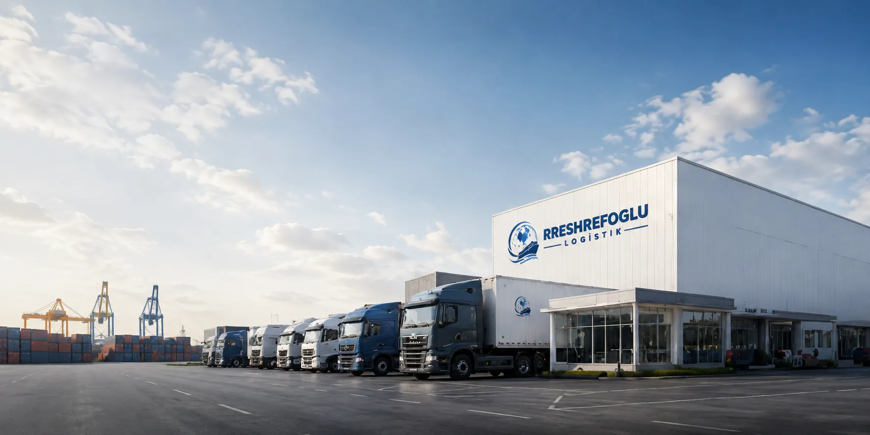 Rreshrefoglu Logistik terminalı — anbar qarşısında yük avtomobilləri parkı